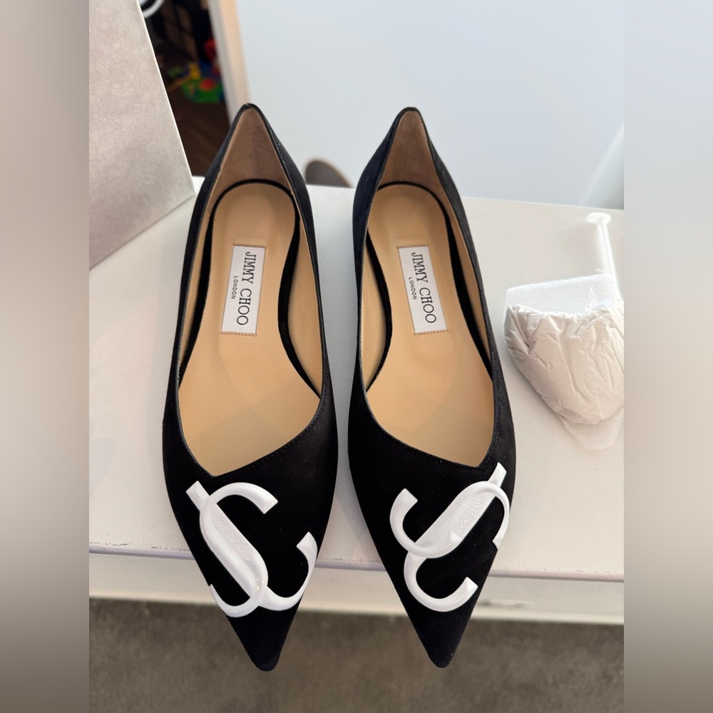 NWT JIMMY CHOO - Love Flat JC logo, black suede/patent logo, size 36.5 (US6.5)